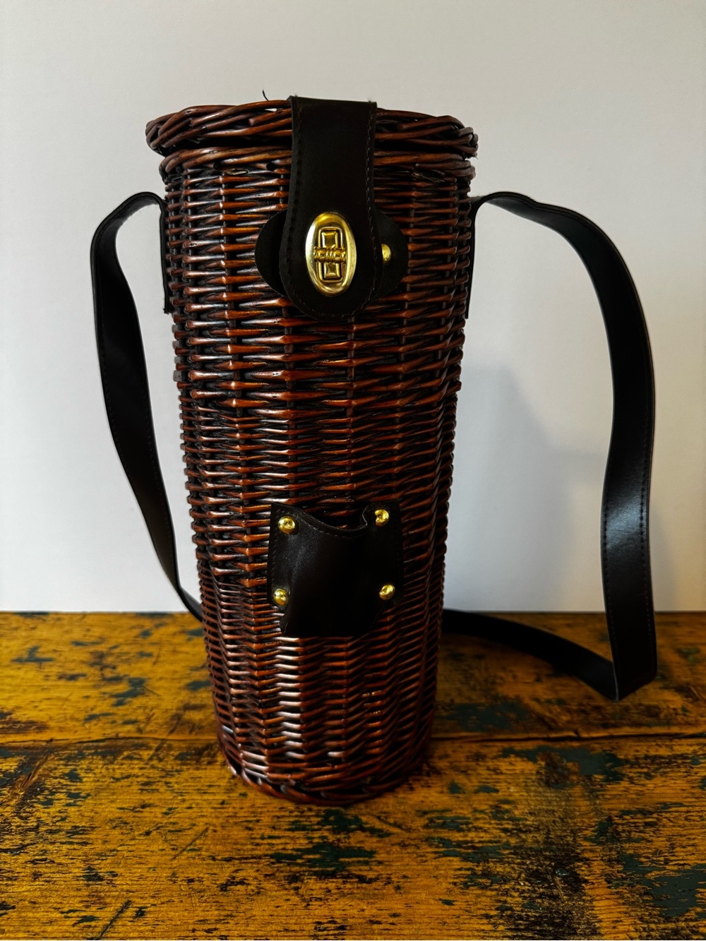 Woven Wicker Wine Carrier Crossbody Bag - Brown